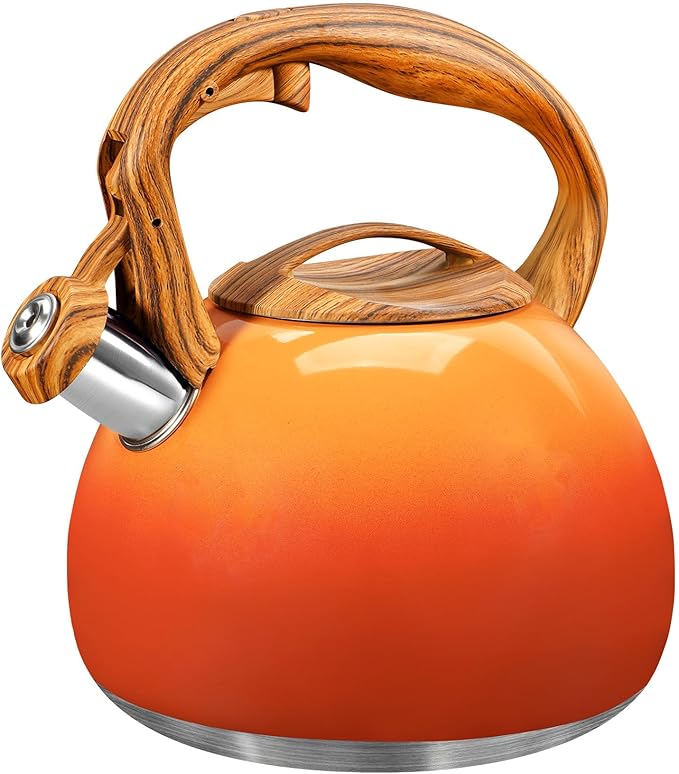 GGC Tea Kettle for Stove Top, 3.1QT/3L Whistling Tea Kettles for Boiling Water, Coffee or Milk, Red Sunset Tea Pot with Wood Pattern Handle, Stainless Steel Tea Pot for Home and Kitchen - Bloomnest