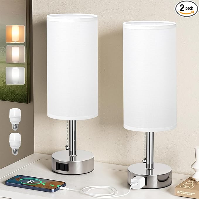 Fenmzee White Silver Bedside Table Lamps Set of 2-3 Color Temperatures Pull Chain Lamp with AC Outlet Charging Port, Two Round Night Stand Lamps for Bedroom, Small Bed Side Light with E26 LED Bulbs - Bloomnest