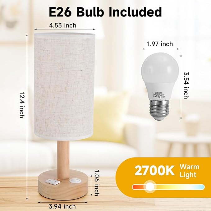 Small Bedside Table Lamp with AC Outlet,Natural Round Wood Base&Fabric Linen Shade,Cozy Night Table Light for Study Reading,Minimalist Boho Desk Lamp for Nightstand,Living Room,Nursery,Kitchen,Dorm - Bloomnest