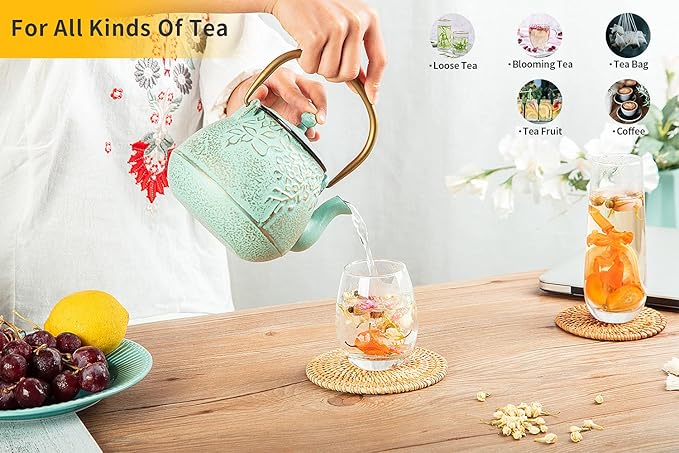 TOPTIER Japanese Cast Iron Teapot with Infuser, Stovetop Safe, Leaf Design Tea Kettle, Enameled Interior, 32 Ounce (950 ml), Blush Pink - Bloomnest