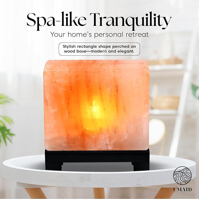 UMAID Himalayan Salt Lamp Rectangle, Natural Pink Rock Lamp on Modern Wood Base with Night Light Bulb and Dimmable Cord, Unique Home Decor, Zen Gifts, Perfect for Spa and Meditation Accessories - Bloomnest