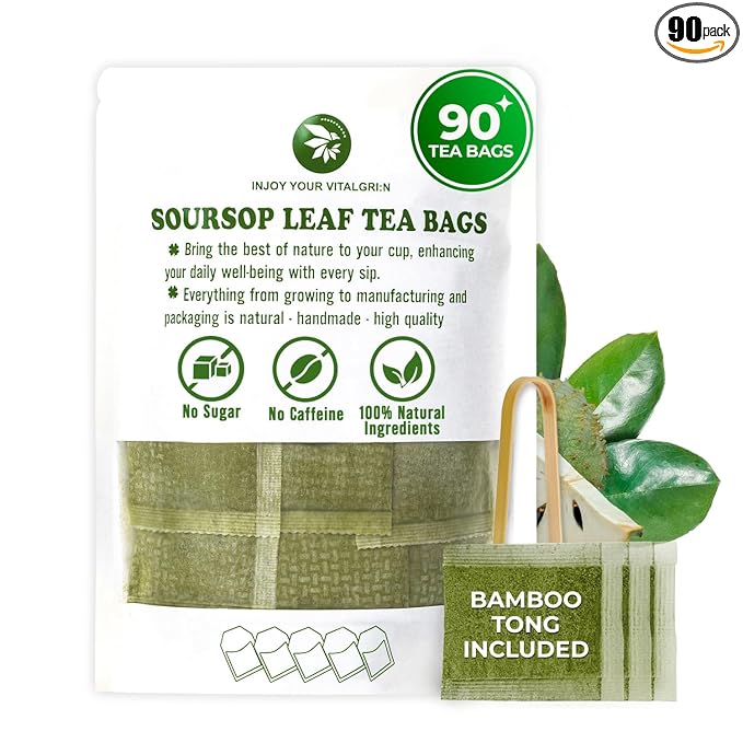 Soursop Graviola Leaf Tea Bags, 90 Count, Bamboo Tong Included, No Sugar Added, No Caffeine, Hoja De Guanabana, Re-Steep Morning Herbal Detox Tea for Relax, Refreshing & Pure Taste - Bloomnest
