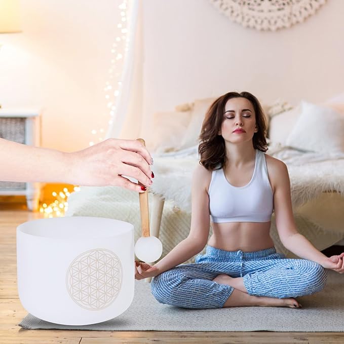 Singing Bowls 528hz C Note 8-Inch Flower Of Life Crystal Singing Bowl With A Free Mallet And O-Ring For Sound Healing, Meditation, Yoga, And Sound Baths