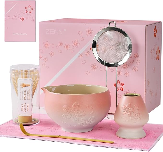 ZENS Matcha Whisk Set, Pink Ceramic Matcha Bowl with Embossed Sakura, 6pcs Matcha Tea Kit Includes Bamboo Whisk, (Chasen Holder) Scoop & Sifter, Tea Towel for Matcha Ceremony, Pink - Bloomnest
