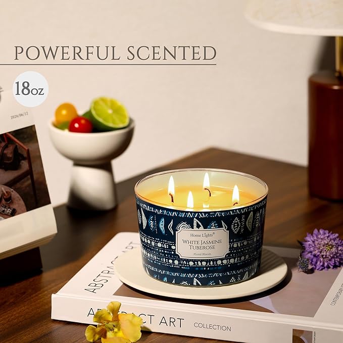 HomeLights Scented Candles for Women & Men, 18oz Candle Jars Aromatherapy 4-Wick Candle, Ideal for Bohemian Natural Textures Home Decor and Gifts, White Jasmine Tuberose - Bloomnest