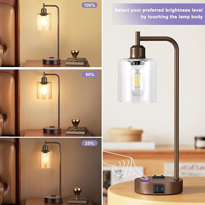Innqoo Industrial Touch Table Lamps - 3-Way Dimmable Desk Lamps Set of 2 with USB C+A Ports and Outlet, Brown Bedside Lamps with Clear Glass Shade for Living & Bedrooms - Bloomnest