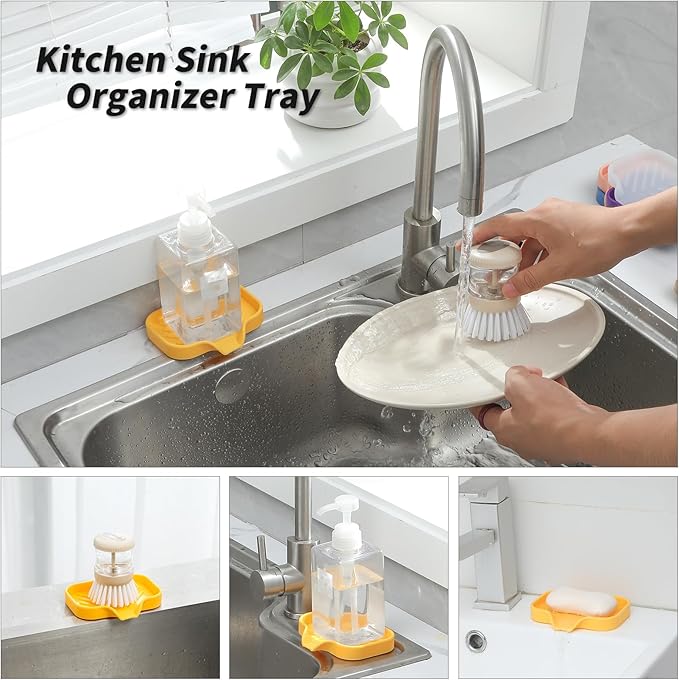 Silicone Bathroom Soap Dishes with Drain Spout-Bathroom and Kitchen Sink Organizer,Sponge Holder,Dish Soap Tray,Perfect for Dispenser,Scrubber,Bottle,Cup on Sink or Counter-Yellow 4.9"×3.2" - Bloomnest