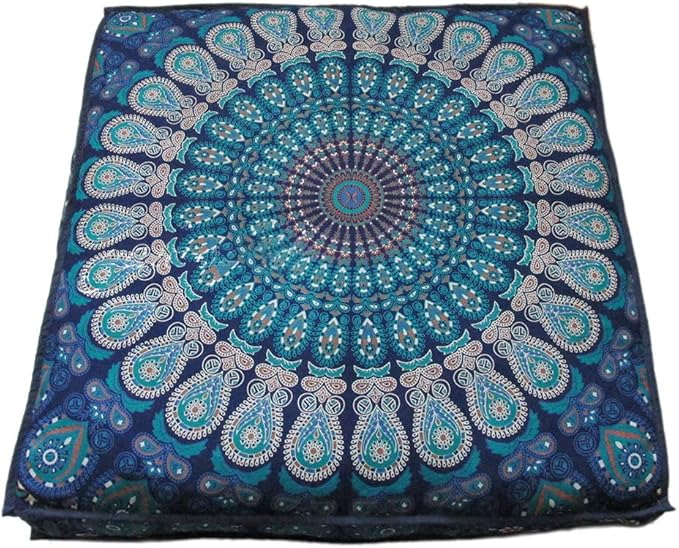 INDIAN CRAFT CASTLE 24" Blue Peacock Mandala Barmeri Large Floor Pillow Cover Cushion Meditation Seating Ottoman Throw Cover Hippie Decorative Zipped Bohemian Pouf Ottoman Pom Pom Cases 24" Square - Bloomnest
