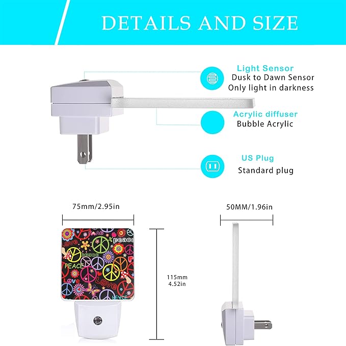 Hippie Peace Flowers Night Light,Hippies Plug-in Night Lights with Dusk-to-Dawn Sensor for Bedroom, Bathroom and Living Room 0.5W Sleep Friendly lamp for for Girlfriend/Boyfriend Gift - Bloomnest