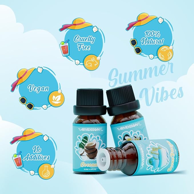 Summer Essential Oils Set, ARVIDSSON Tropical Fragrance Oil for Candle Making, Diffuser Scented Oil - Ocean Breeze, Pina Colada, Fresh Cotton, Pink Island, Plumeria, Coconut - Bloomnest