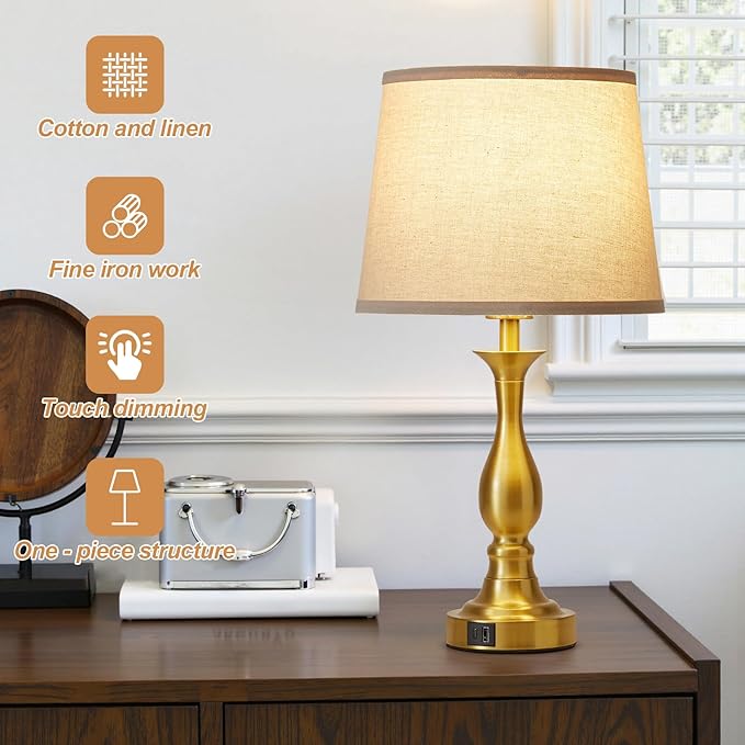 Bedside Table Lamp Touch Control Bedroom Lamps with USB A and C Charging Port 3 Way Dimmable Touch Lamps for Nightstand Living Room Bedroom Dorm Home Office Reading, Set of 2 - Bloomnest