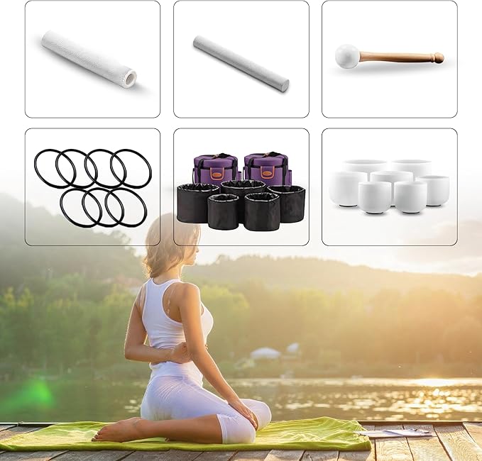 RYAN DVAN 432Hz 6-12 Inch Crystal Singing Bowl Set of 7 with Free Carrying Case, Frosted Quartz Sound Bowls for Chakra Healing, Meditation,Yoga,Sound Therapy,Mindfulness,Relaxation & Stress Relief - Bloomnest