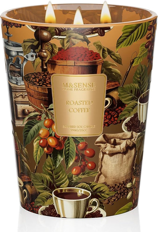 M&SENSE Roasted Coffee Scented Candle, 3 Wick Soy Natural Wax Fall Winter Candles, 35oz 150H Long Lasting, Stress Relief Festival Thanksgiving Christmas Home Fragrance Housewarming Gifts - Bloomnest
