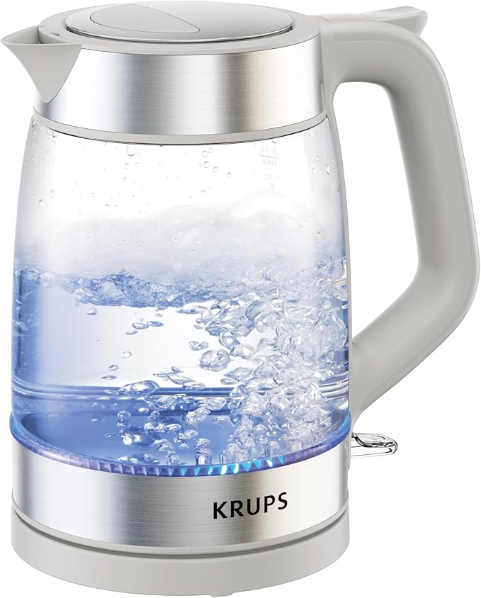 KRUPS Electric Kettle, 1.8-Qt (1.7L) Tea Kettle, 1500W with LED indicator, Hot Water Boiler, Auto Shut-off, Rapid 80-Second Cup Boiling, Safe Boil-dry Protection, Water Heater, Glass Carafe, Grey - Bloomnest
