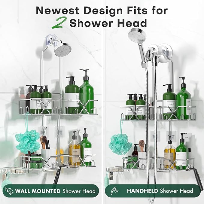 Stainless Steel Shower Caddy Hanging for Handheld Shower Heads,Rustproof Hose Shower Organizer Adjustable Length Shower Rack with 24 Hooks,Razor Holder,Soap Holder - Bloomnest