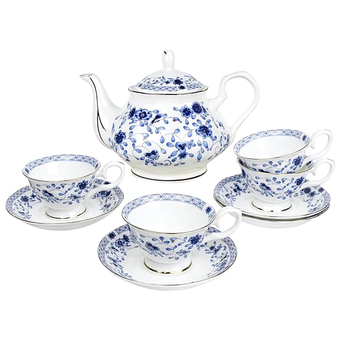 Bone China Tea Set for Adults, 13-Piece Blue and White Porcelain Tea Set for 4, Vintage Floral Tea Set With Teapot and Teaspoons, Tea Party Sets for Women Gift (Blue A) - Bloomnest