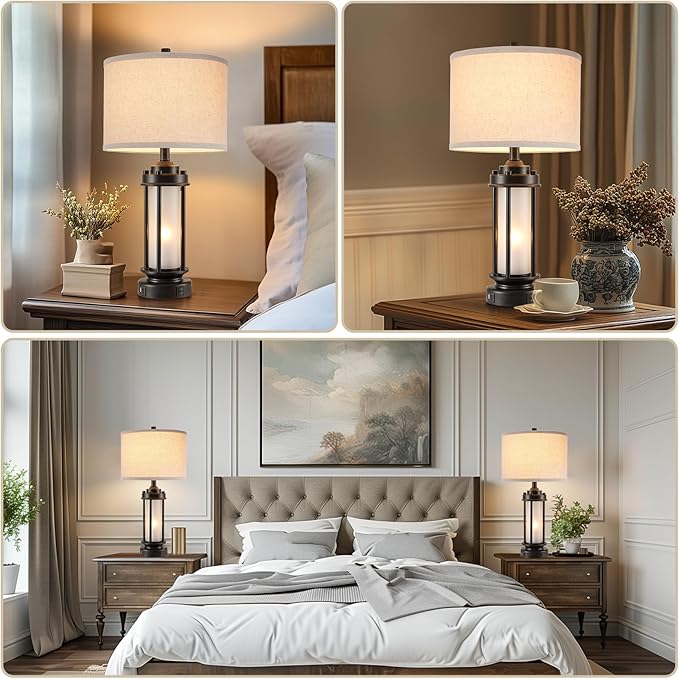 Set of 2 Modern Table Lamps for Living Room Bedroom, 25'' Black Retro Industrial Metal Lamp with Glass Nightlight, Contemporary Desk Lamp for Bedside End Table Office, 4 Bulbs Included - Bloomnest