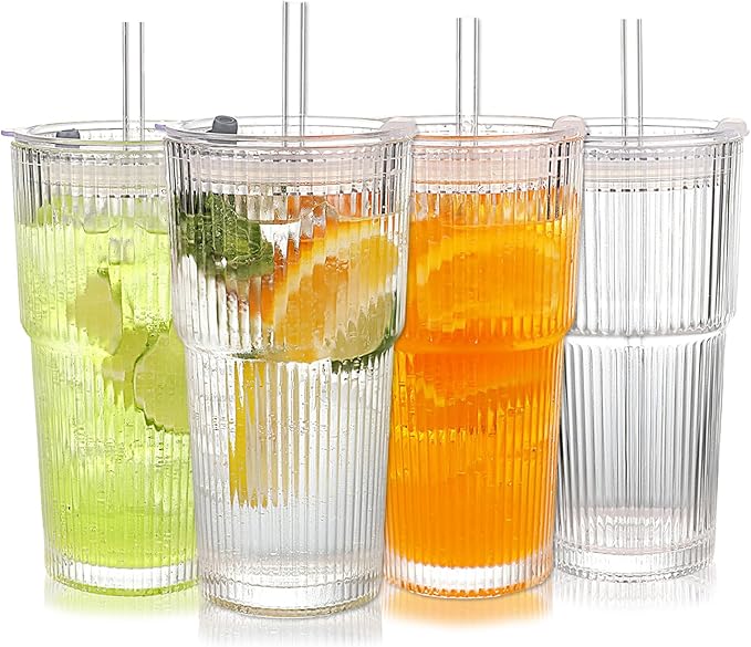 Ribbed Glass Tumbler with Lids and Straws, 20oz Vintage Clear Glass cups, Large capacity, Unbreakable, Fluted Design, Ideal for Water, Iced Coffee, Juice, Tea, Latte, Gift (4) - Bloomnest