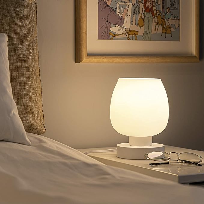 Touch Bedside Table Lamp - Modern Small Lamp for Bedroom Living Room Nightstand, Desk lamp with White Opal Glass Lamp Shade, Warm LED Bulb, 3 Way Dimmable, Simple Design - Bloomnest