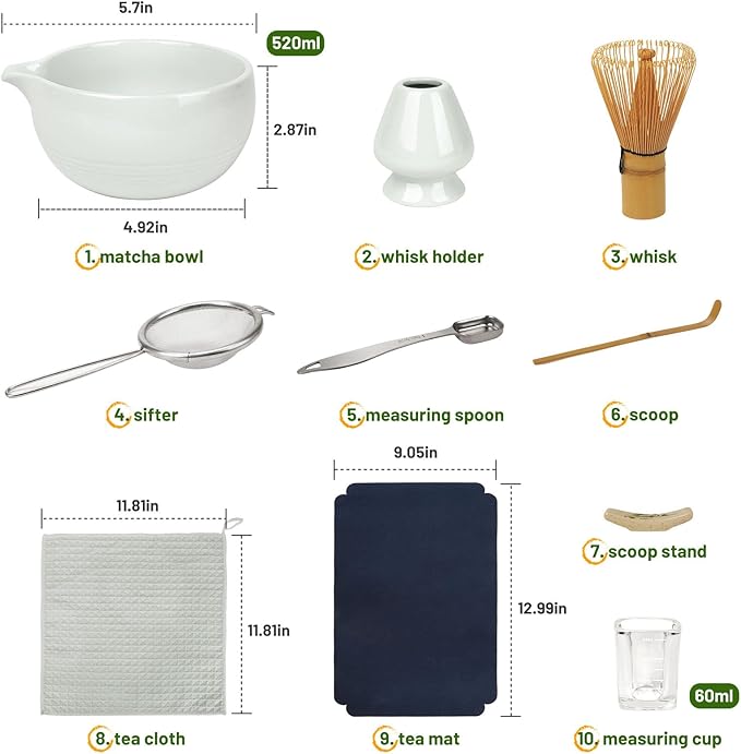 Matcha Whisk Set 10-Pcs Kit, Whisk and Bowl with Spout & Measuring Spoon & Cup, Japanese Tea Making Tools, Grey - Bloomnest