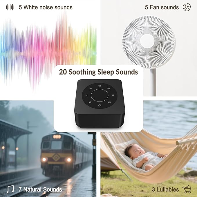 White Noise Sound Machine for Sleep 20 Soothing Sounds Noise Machine for 30 Level Volume 5 Timer Setting Favorite Setting Memory Function Touch Control Compact Portable for Adult/Baby (Black) - Bloomnest