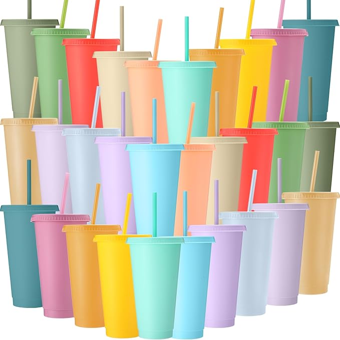 Honeydak 30 Pack Tumbler with Straw and Lid Bulk Water Bottle Iced Coffee Travel Mug Cup Reusable Plastic Cups for Party Birthdays 24-27 oz (Pastel Color) - Bloomnest