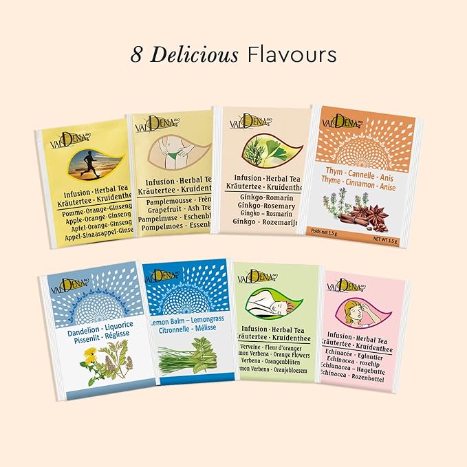 Valdena Bio Organic Herbal Teas for Your Wellness Tea Sampler Gift Caffeine Free 8 Flavors Assorted Tea Sets Variety Pack 64 Individually Wrapped Tea Bags Gift for Tea Lovers - Bloomnest