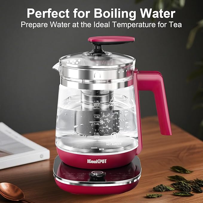 Electric Kettle, 1.5L Borosilicate Glass Hot Water Kettle Electric & Tea Kettle for Coffee or Tea, BPA Free, Auto Shut-Off, Stainless Steel, Red, 1200w - Bloomnest