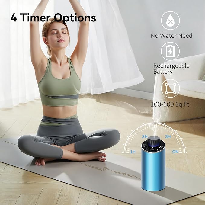 Waterless Essential Oil Diffuser Aromatherapy Scent Diffusers for Home Large Room, Bedroom, Car, Office, Desk, Battery Operated Mini Portable Air Freshener, 3 Countdown Timers & 3 Mist Levels - Bloomnest