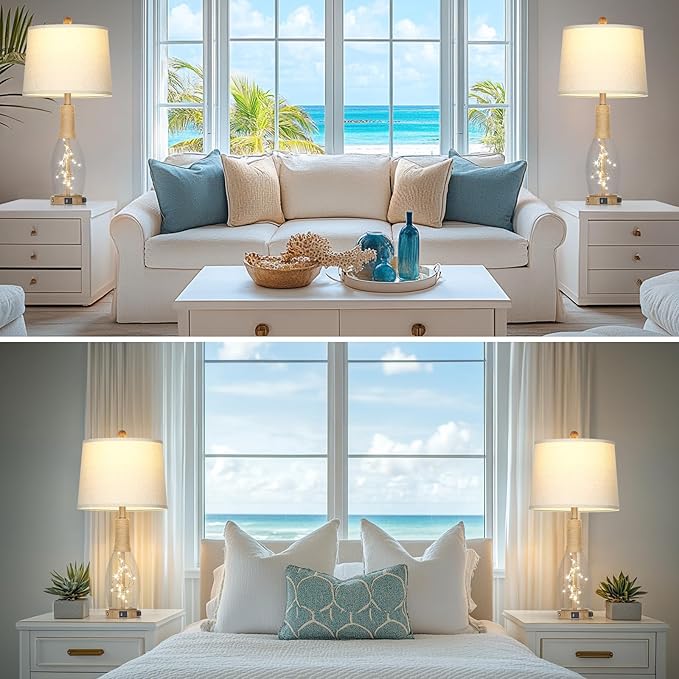 28" Coastal Table Lamps for Bedroom Set of 2, Farmhouse Glass Lamps with 3-Way Dimmable Touch Control Fairy Lights & Type-C Charging for Living Room Nightstand, Beach Nautical Bedside Lamp Rustic Wood - Bloomnest