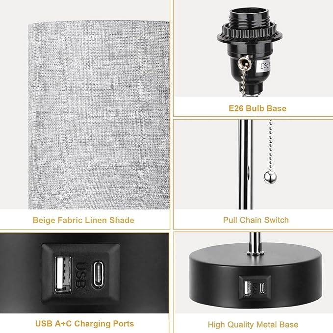 3-Color Temperature Bedside Lamp Nightstand Lamp with USB A Port and C Port, Table Lamp for Bedroom with LED Bulb Small Lamps for Living Room (Gray) - Bloomnest