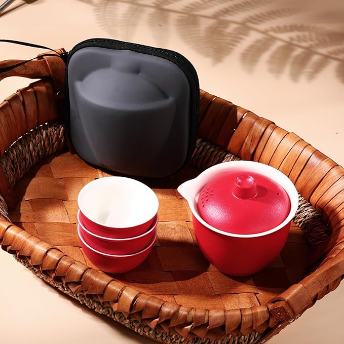 Porcelain Chinese Gongfu Tea Sets for Adults Ceramic japanese Tea Set Portable Kungfu Gaiwan Teapot and Cup Set Small Travel Teaset with Lid for Home Gifting Outdoor and Office (Red) - Bloomnest