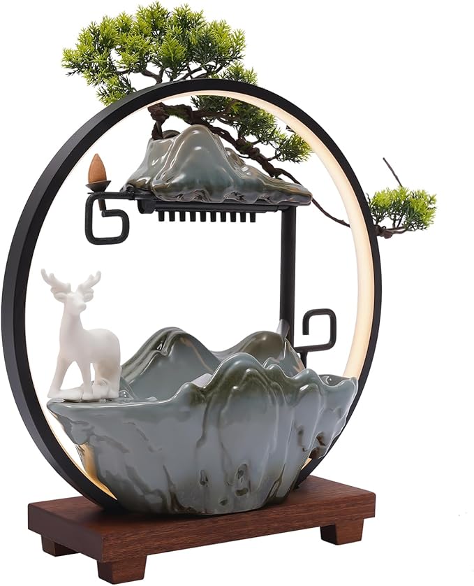 Tabletop Water Fountain, Indoor Waterfall with Round LED Light & Ceramic Elks, Mist Maker and Incense Holder for Home Office Decor - Bloomnest