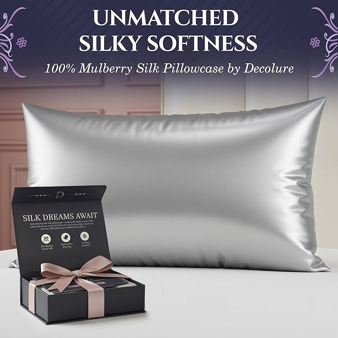 DECOLURE 100% Pure Mulberry Silk Pillow Case King Size – Highest Grade 30 Momme 6A+, Luxuriously Soft & Cooling Silk Pillowcase for Hair & Skin, Hypoallergenic, Breathable, Hidden Zipper (Silver Grey) - Bloomnest