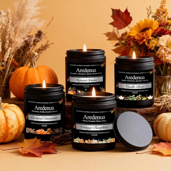 Fall Candles Set – 4 Pack Holiday Scented Soy Candles, 28oz Cozy Winter Candle Scents of Cinnamon, Vanilla Bean & Harvest,Pumpkin | Thanksgiving & Christmas Candle Gifts for Women Men - Bloomnest