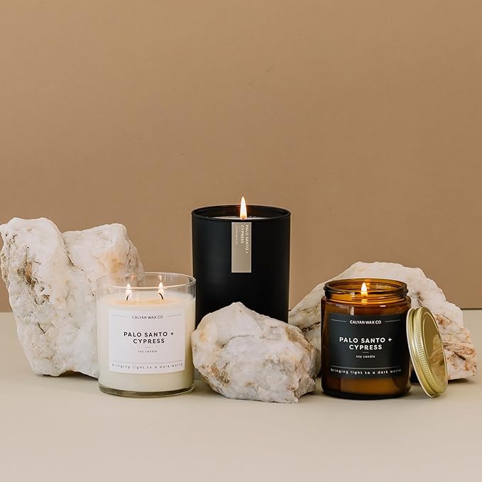 Calyan Wax Co. Palo Santo & Cypress Scented Candle - 75 Hour Burn - Luxury Non Toxic Soy Wax Candles - Long Lasting Black Tumbler Jar Candle for Home - 10.2oz - Bloomnest