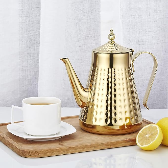 SANQIAHOME 1.8L(60oz) Stainless Steel Hammer Patterned Teapot With Removeable Infuser,Loose leaf cover,Gold - Bloomnest