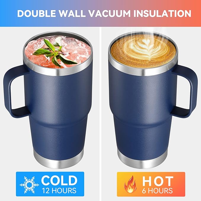 VEGOND 20 oz Tumbler with Handle Lid and Straw, Stainless Steel Insulated Travel Coffee Mug Spill Proof Double Wall Metal Tumbler Cup Keeps Drink Hot and Cold, Navy Blue 1 Pack - Bloomnest