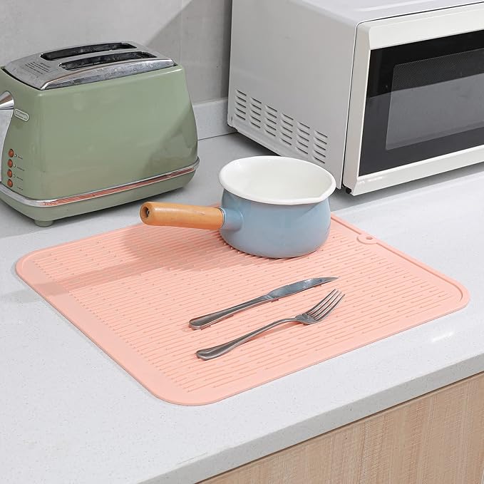Silicone Dish Drying Mat for Multiple Usage,Easy clean,Eco-friendly,Heat-resistant Silicone Mat for Kitchen Counter or Sink,Refrigerator or Drawer Liner Pink XL 18 inches x 16 inches - Bloomnest