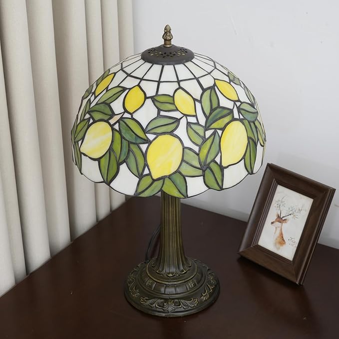 Tiffany Lamp Yellow Lemon Green Leaves Stained Glass Table Lamp Vintage Bedroom Desk Light for Home Dorm Office Art Craft Antique Decor Accent Aesthetic Nightstand Reading Light - Bloomnest