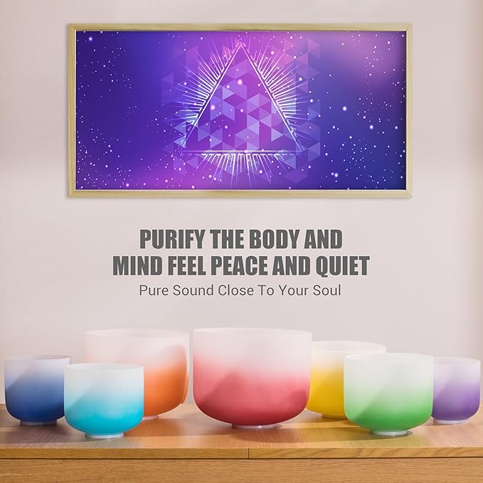 432HZ 7PCS Set Of 6-12 Inch Aria Gradient Design Frosted Quartz Crystal Singing Bowls With 2 PCS Travel Carry Case Bag