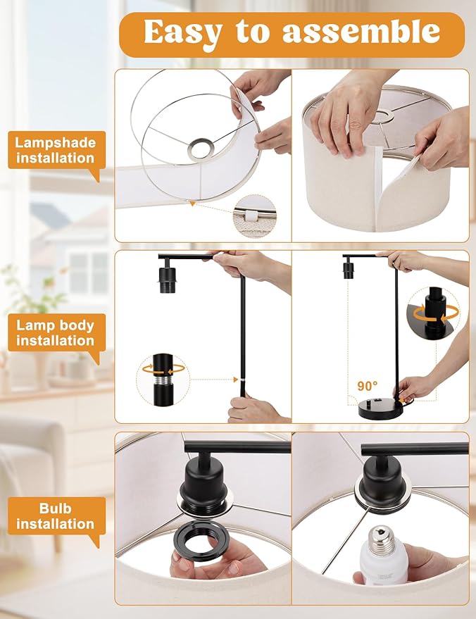 Gray Side Table Lamp with USB Port and Outlet, Dimmable Nightstand Bedside Lamps with Linen Lampshade, Desk Lamp for Bedroom, Living Room, Guest Room, Home Office, LED Bulb Included - Bloomnest