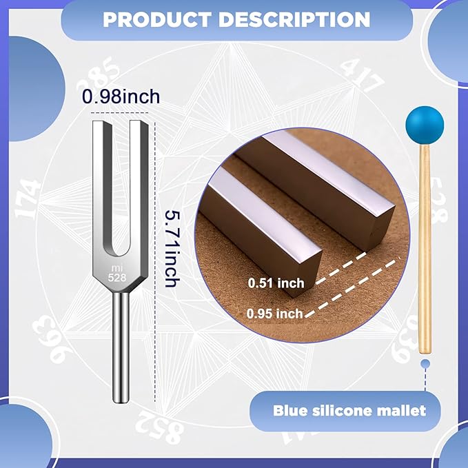 528 Hz Tuning Fork for Healing, DNA Repair, Reliever Stress and Perfect Healing Musical Instrument, with Blue Silicone Hammer - Bloomnest