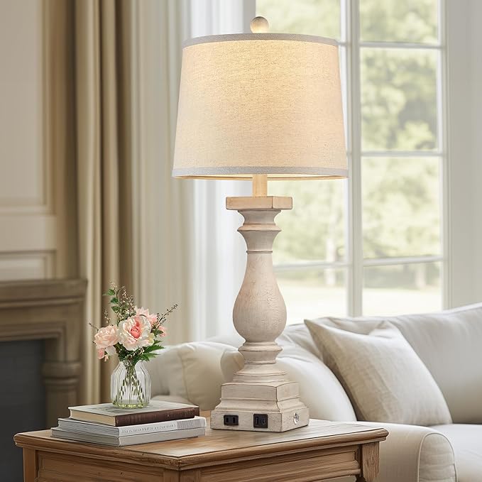 28" Tall Farmhouse Table Lamps Set of 2 with USB C+A Ports and AC Outlet, 3 Way Touch Control Rustic Bedside Lamp for Bedroom, Beige Vintage Nightstand Lamp for Living Room Office - Bloomnest