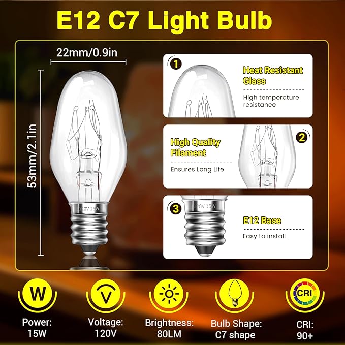 Himalayan Salt Lamp Bulbs 15W C7 Dimmable Rock Salt Light Bulbs E12 Base Night Light Bulbs for Scentsy Wax Warmer, Salt Lamp, Plug in Wax Diffuser Pack of 2 - Bloomnest