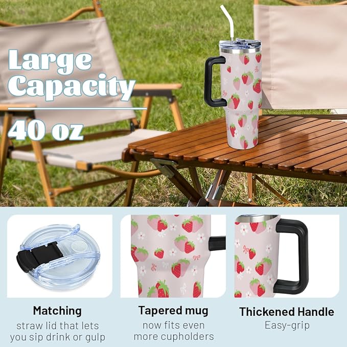 AUUXVA Cute Strawberry Print Thermal Cup for Kids, 40oz Water Bottle with Straw, Stainless Steel Tumbler with Handle, Cup for Cold and Hot Drinks, Adorable Cartoon Fruit Pattern - Bloomnest