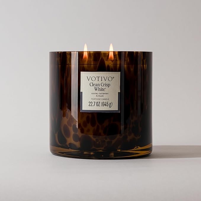 Votivo Clean Crisp White Tortoise Scented Candle | 22.7 oz Soy Wax Blend | Luxurious Cotton Scent | Decorative Home Decor Tortoiseshell Pattern | 100 Hour Burn Time - Bloomnest