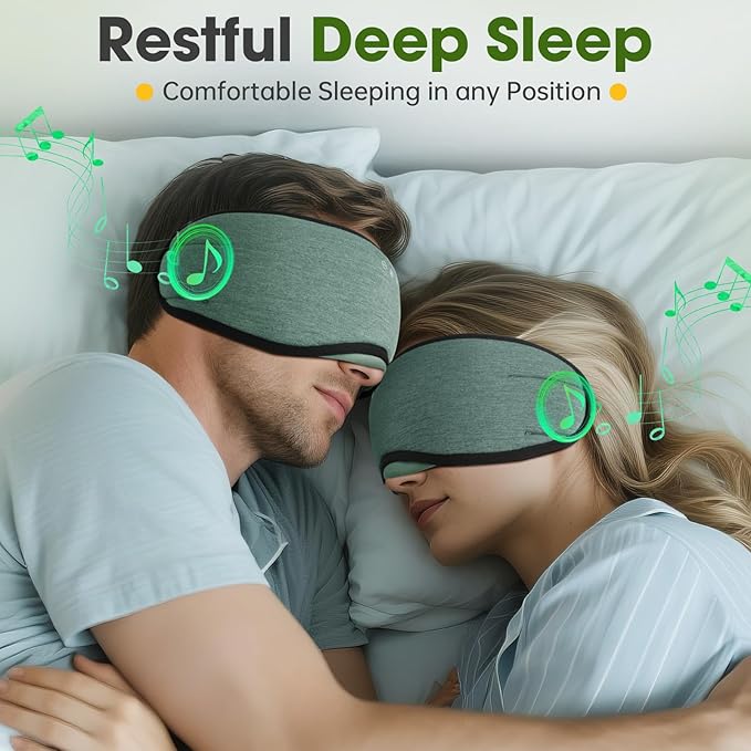 Sleep Headphones with Bluetooth 5.4 Sleep Mask, Bamboo Cotton Music Wireless Bluetooth Eye Mask for Sleeping, Earphones HD Speaker Microphone for Travel, Gifts for Men Women, Green - Bloomnest