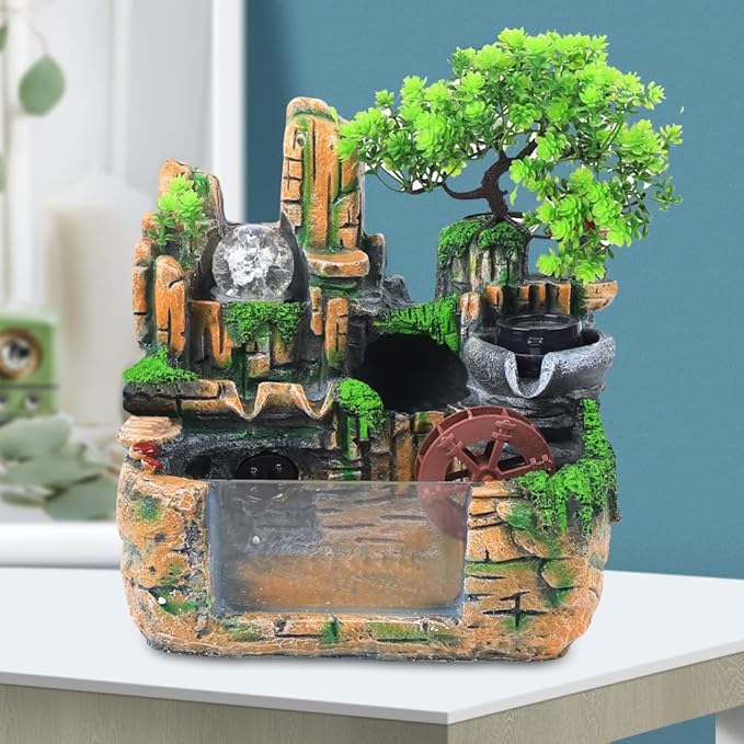 11.8" Tabletop Water Fountain, Indoor Rockery with LED Mist & Fish Tank, Mini Pond Aquarium, Desktop Waterfall for Home Office Desk, Zen Decor - Bloomnest