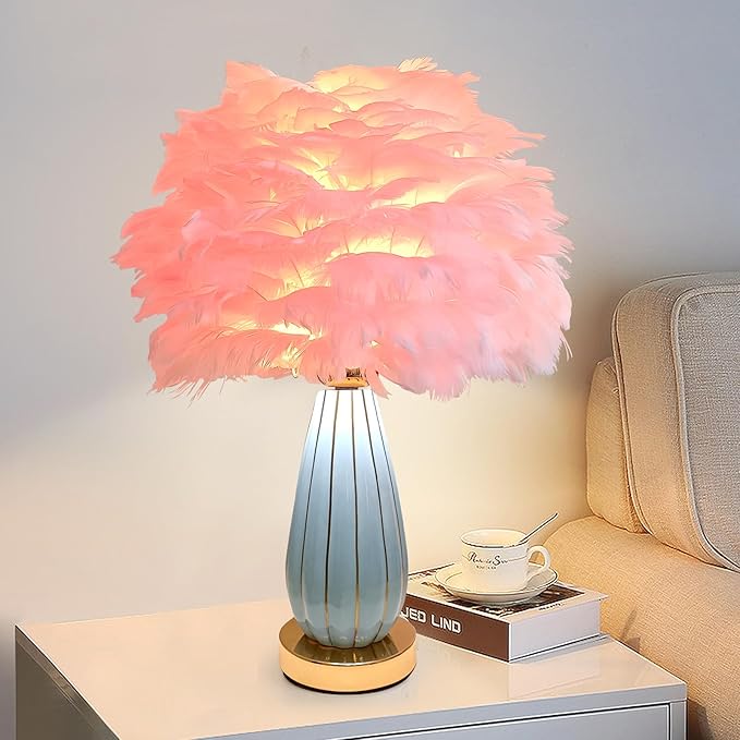 Pink Feather Table Lamp Creative Bedside Feather Lamp Simple Goose Furry Nightstand Light Fluffy Desk Lighting for Girl Bedroom Living Room Decoration Wedding Romantic Atmosphere - Bloomnest